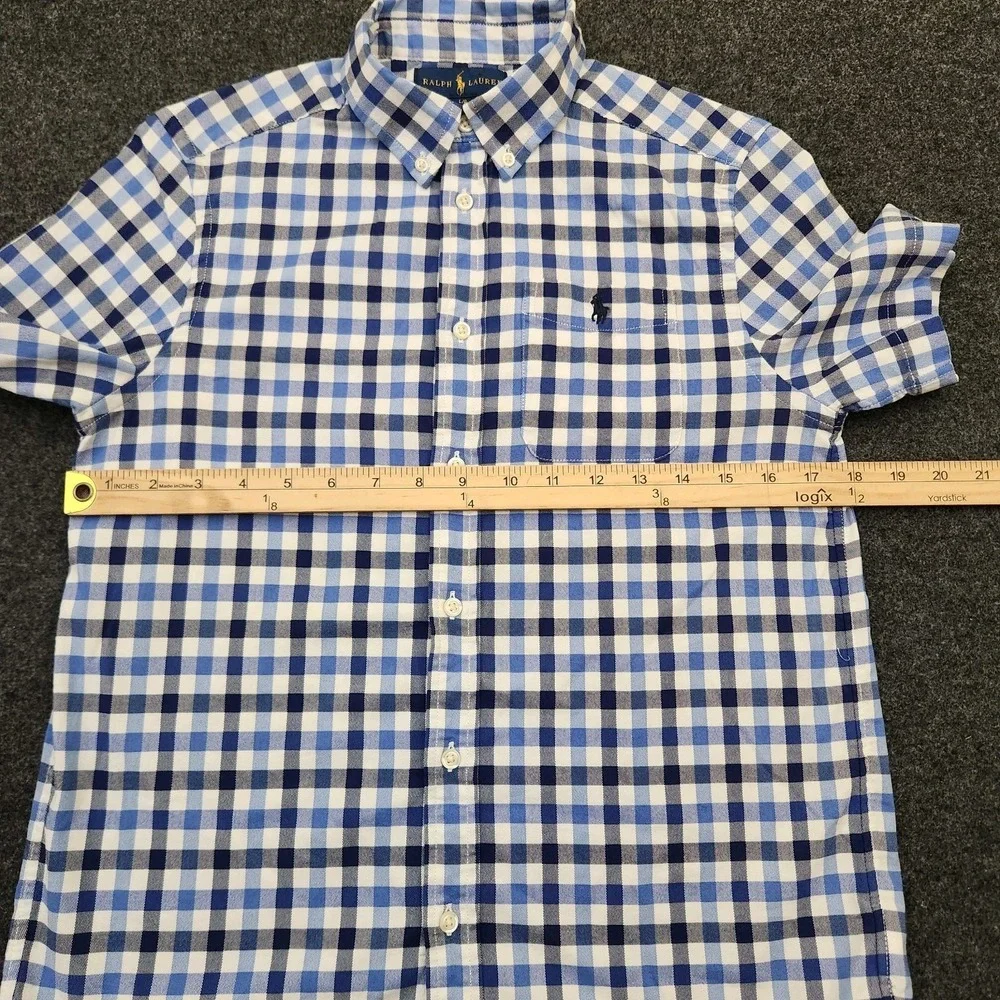 Ralph Lauren Boys Large 14-16 Blue Check Button Down Shirt Cotton Blend‎ Stretch